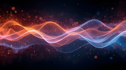 Glowing orange and blue mesh waves ripple across a dark background, blending particles and curves to symbolize sound, energy, and digital information flow in a futuristic, dynamic motion.
