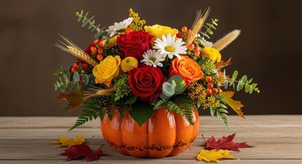 Obraz premium A vibrant floral arrangement in a pumpkin-shaped vase, boasting roses, daisies, and autumn foliage atop a rustic wooden surface. The backdrop is a warm, blurred brown