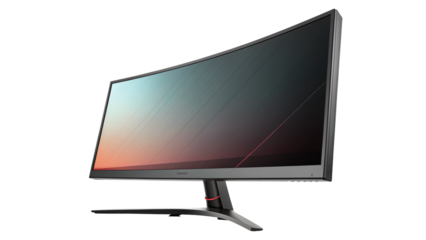 Curved gaming computer monitor with a sleek design and a vibrant display, isolated on transparent background