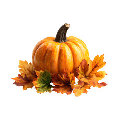 Pumpkin with autumn leaves, white isolated background