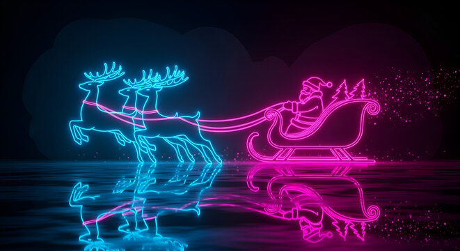 A neon light depiction of santa claus riding in his sleigh being pulled by reindeer, a festive and modern take on the classic christmas scene