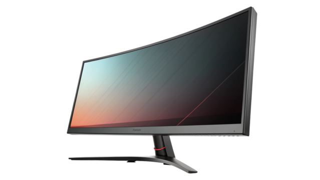 Curved gaming computer monitor with a sleek design and a vibrant display, isolated on transparent background