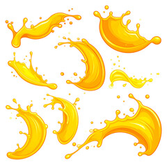 Cartoon-styled, dynamic splashes of golden liquid with highlights and drop shadows, isolated on black
