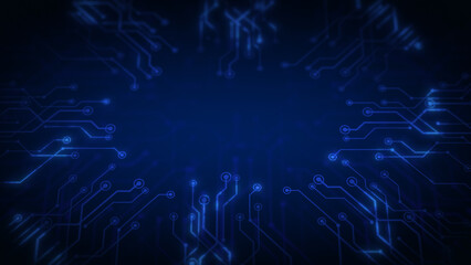 Motherboard graphics chip with glowing blue circuits. High-tech neon microcircuit design representing futuristic digital data flow on a circuit board. Abstract technology background perfect for cybe