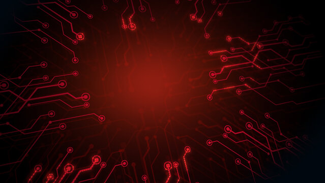 High tech neon circuit board with glowing red circuitry and futuristic digital data patterns. Abstract electronic background with illuminated lines and microchip details. Perfect for technology, AI, a