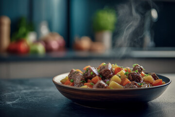 Steaming beef stew with vegetables on kitchen counter