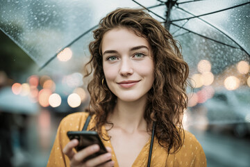 Young woman smiling in city rain with umbrella and phone