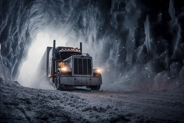 Truck driving through blizzard conditions in ice cave