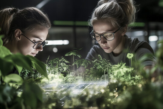 Women collaborating on sustainable urban planning model