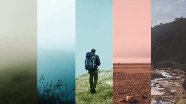 video animation of images of hiking and mountain exploration, split into three panels, retro aesthetic, adrenaline holiday lifestyle, and ethereal natural scenery
