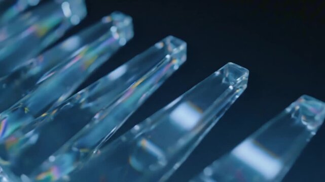 Macro close-up of clear plastic forks lined up in a row, showcasing refracted light and iridescent colors against a dark background, highlighting texture and detail