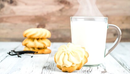 Vanilla cookies and milk on a wooden table