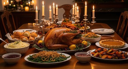 Naklejka premium Thanksgiving dinner table with roasted turkey, mashed potatoes, vegetables, and candles