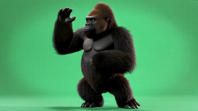 Majestic 3D rendered gorilla standing powerfully on a vibrant green screen background, showcasing its impressive strength and detailed fur texture, ready for dynamic animation