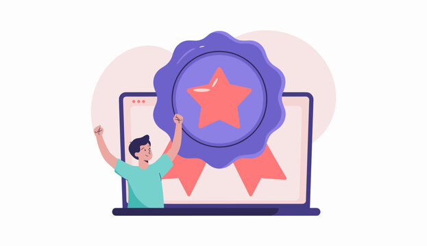 student celebrating an online achievement with a badge on a laptop vector illustration, digital certification and gamification rewards