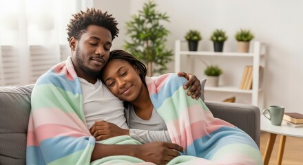 Loving African American couple cuddling together on a cozy couch