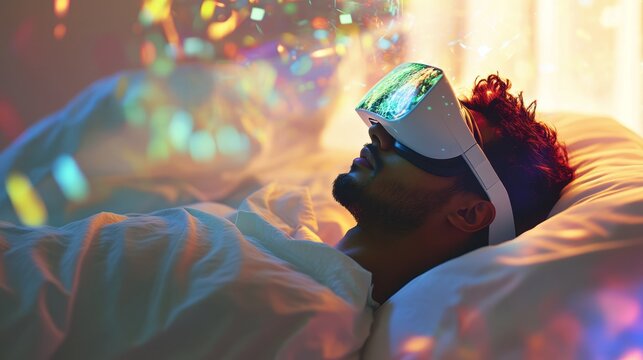 A male African American individual fully engaged while wearing a cuttingedge virtual reality headset, surrounded by an immersive and futuristic ambiance that enhances his experience and concentration
