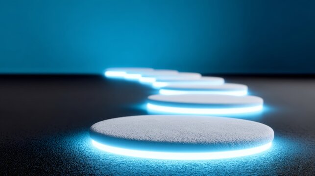 A series of white circles are lit up in blue. The circles are arranged in a line, with the first circle on the left and the last circle on the right. The blue light gives the scene a futuristic - Powered by Adobe