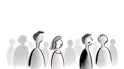 Fototapeta premium A group of people are standing in a line, with some of them looking down. Concept of loneliness and isolation, as the people seem to be separated from one another. The use of black