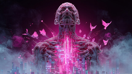 Colossal humanoid figure made of glowing ribbons and crystalline elements rises amidst a futuristic cityscape at dusk