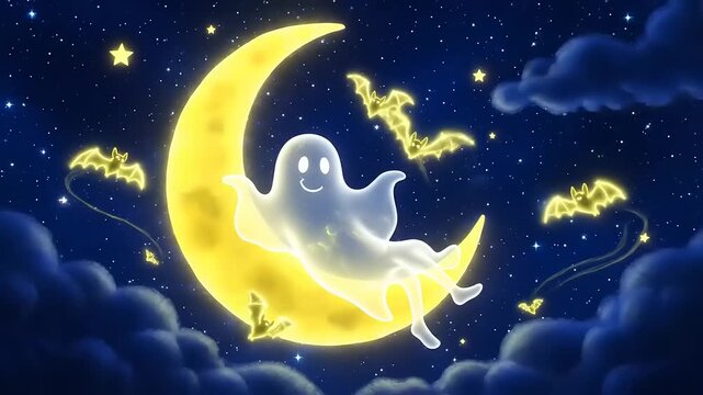 Halloween friendly ghost resting on crescent moon surrounded by bats in night sky with stars creating a whimsical and spooky atmosphere.