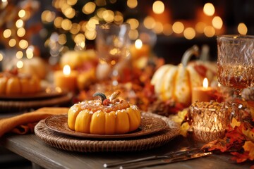 Obraz premium A cozy Thanksgiving dinner atmosphere with a table set with pumpkins and candles, creating a warm and inviting ambiance. The shallow depth of field adds a touch of elegance to the scene.
