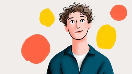 A cartoon drawing of a man with a blue shirt and brown hair. The man is looking at the camera with a smile on his face. The background features a series of circles in various sizes and colors