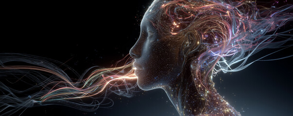 Glowing fragmented humanoid torso projecting holographic neon business data streams in a dark environment