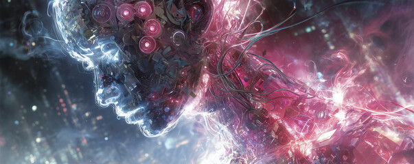 Glowing fragmented humanoid torso with neon wires and mechanical cogs suspended in a futuristic setting