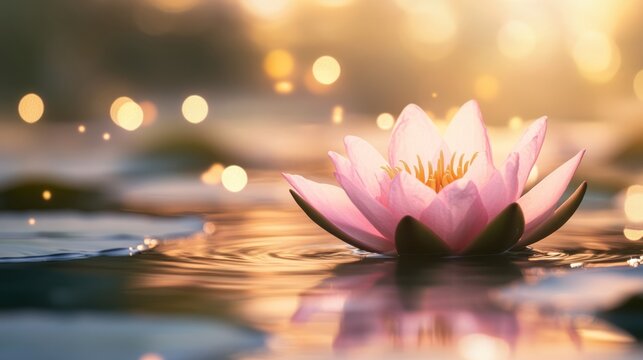 A tranquil water lily with a delicate pink blossom rests on a serene pond reflecting on still surface, showcasing natures elegance and inviting calmness and inspiration in its picturesque surroundings