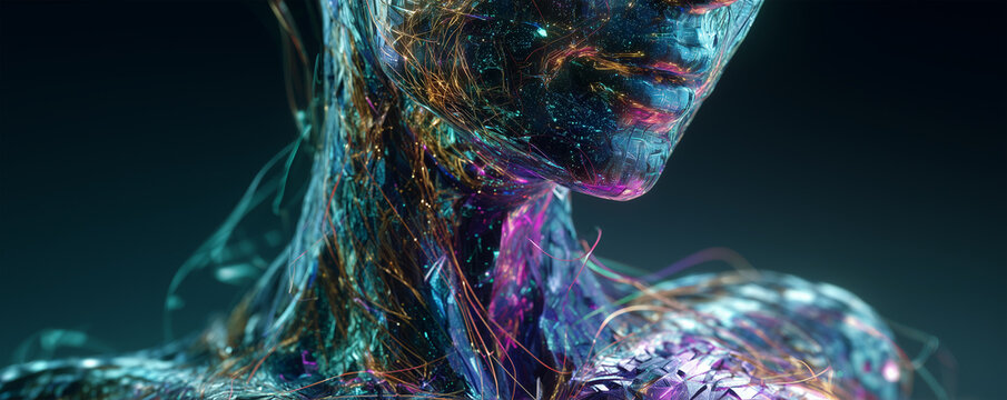 Glowing fragmented humanoid torso with holographic neon data streams in a futuristic digital environment - Powered by Adobe
