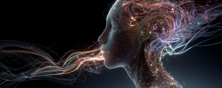 Glowing fragmented humanoid torso projecting holographic neon business data streams in a dark environment