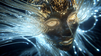 Glowing translucent humanoid face dissolving into streams of fractal ribbons with a mechanical watch in a futuristic setting