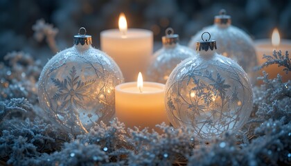 Frosted glass ornaments glowing gently in candlelight, surrounded by silver sparkles, luxury January décor style.
