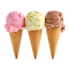 Three ice cream cones, strawberry, pistachio, and chocolate, isolated against a black background