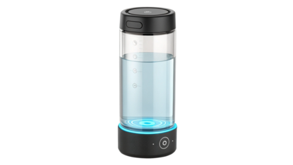 A portable hydrogen water bottle with a black base and cap, glowing blue at the bottom, isolated on a transparent background