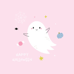 Cute Halloween Card with Ghost, Spider, and Pumpkin