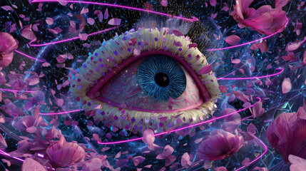 Surreal floating glowing eye with fragmented lips and teeth in a cosmic storm of vibrant colors and swirling petals