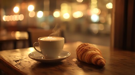 Steaming cup of latte with elegant foam art and fresh croissant on a wooden cafe table beside flickering candles, reflecting a cozy evening ambiance, comfort, and lifestyle charm in warm city lights