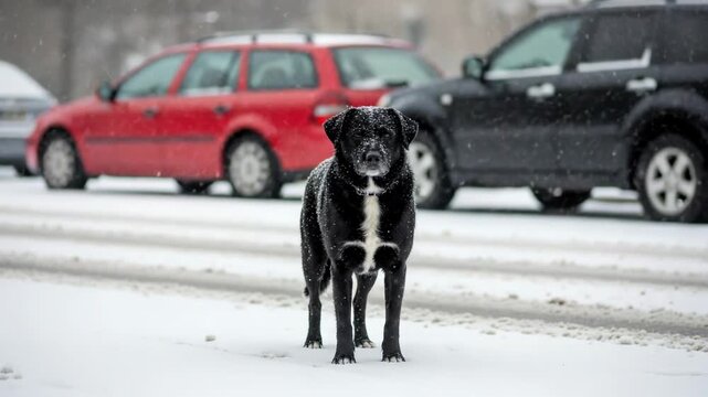 Black dog standing in the snow with cars in the background