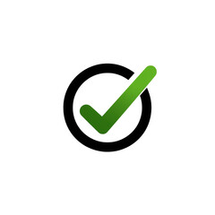 Green check mark icon in a black circle isolated on transparent background, symbol of approval