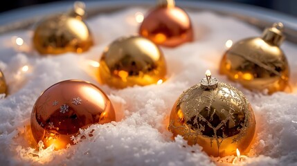 Fototapeta premium Golden baubles resting on snow with glowing bokeh Christmas background 