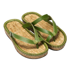A pair of eco-friendly thong sandals with woven bamboo footbeds and green straps