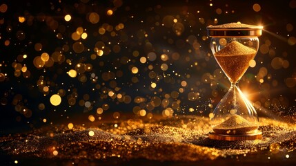 Elegant hourglass with cascading sand surrounded by dazzling bokeh light effects