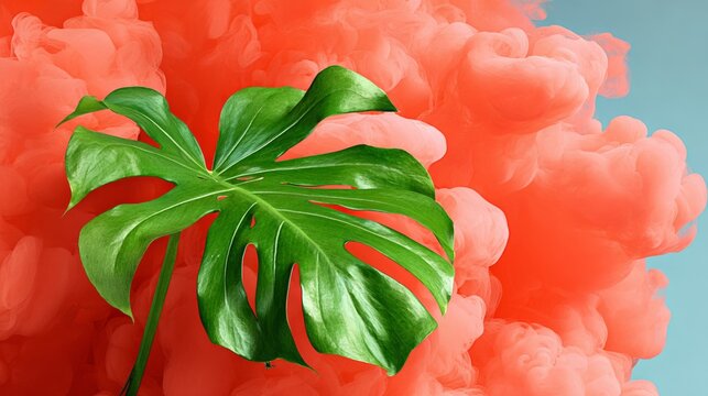 A green leaf is on top of a red background. The background is a mix of red and blue