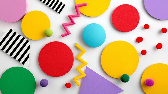 A colorful collage of various shapes and sizes, including circles and triangles, with a playful and whimsical vibe