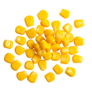 Overhead shot of golden, cooked corn kernels scattered on a transparent background