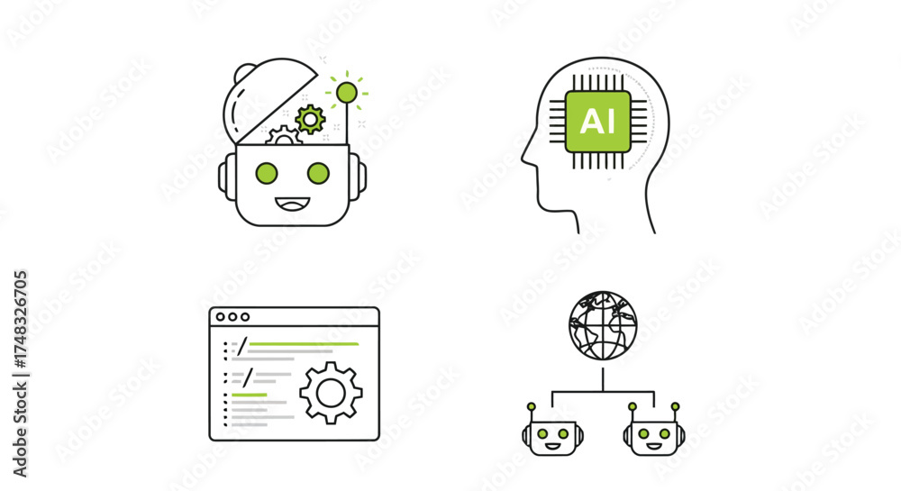 Wall mural vector illustration of artificial intelligence icons, robot head with gears, human head with ai chip
