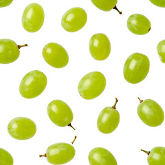 Isolated, luminous green grapes on a deep black background, scattered randomly