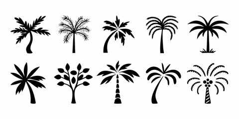 Collection of diverse black palm tree silhouettes isolated on a white background